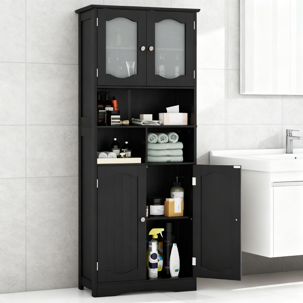 58.5 Inch Freestanding Linen Bathroom Storage Cabinet With Frost Glass Doors_voghion.com